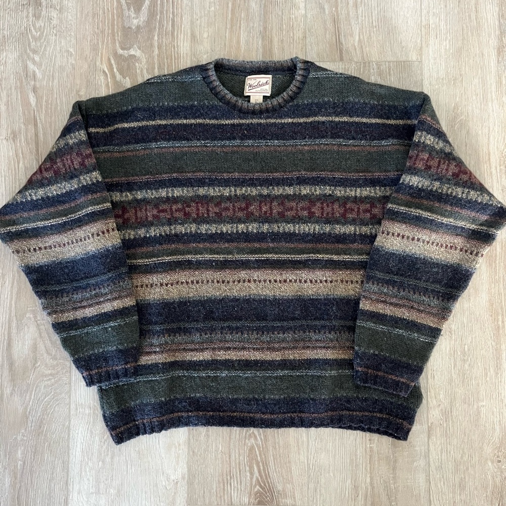 Woolrich Men's Vintage Fair Isle Striped Crewneck Sweater - Green, Blue, Brown